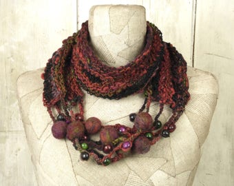 Christmas in July, Art knit infinity scarf necklace, knit boho loop, Knitted wrap, purple, Bohemian clothing, Gypsy shawl, rope felt gift