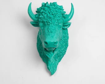 White Faux Taxidermy - The Mia - Turquoise Resin Bison Head- Buffalo Resin White Faux Taxidermy- Chic & Trendy