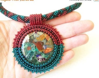 40% SALE Bead Embroidery Pendant Necklace - Yin and Yang - Pyrite multi color Picasso Jasper with Fluorite - red, emerald