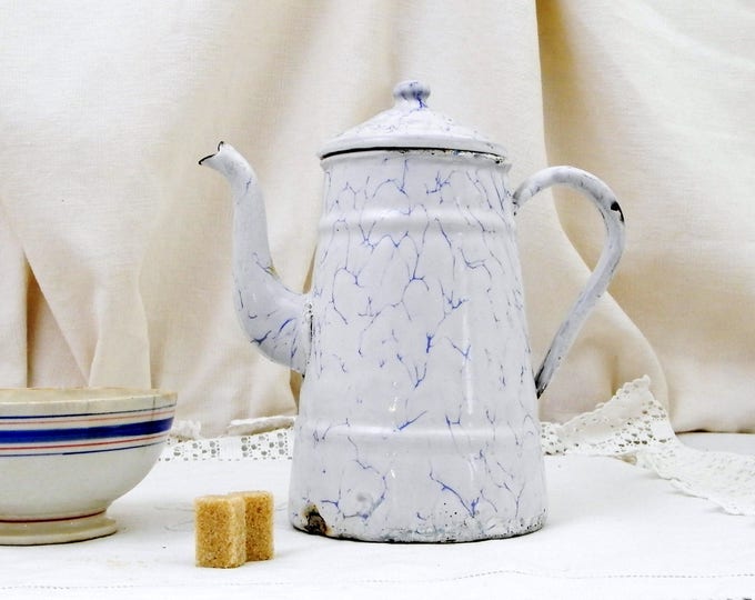 Antique Goose Neck Mottled White and Blue Chippy Enamelware Coffee Pot, Cafetiere Decorated with Flower Pattern from France, French Decor