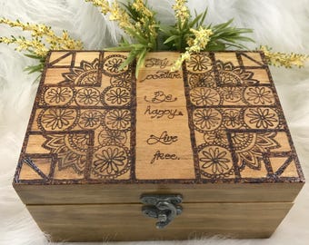 Floral Wood Burned Jewelry Box, Wood Keepsake Box