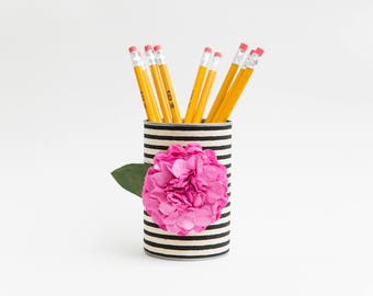 Magnetic Pen // Pencil Holder- Black and White Stripes with Dark Pink Flower - Makeup Brush Holder - Office Decor