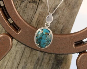 Sterling Silver Pendant/Necklace-Compressed Blue Turquoise Pendant - 16mm x 12mm Compressed Blue Kingman Turquoise in Sterling Silver
