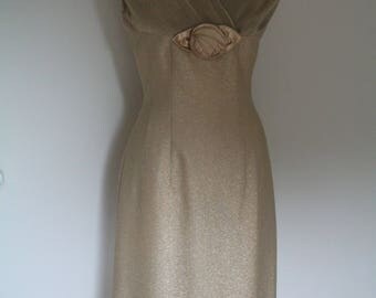 Blanes 1950s Wiggle Dress - Gold Metallic - Crossover Bodice - Micro Pleated Bodice & Shoulders - Satin Flower Decoration