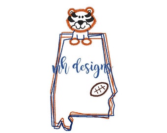 State of Alabama with Tiger and Football 5x7 & 6x10 embroidery design, Vintage stitch tiger, Auburn embroidery file, Bean stitch tiger