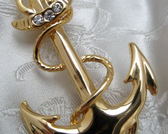 Vintage 1980s Goldtone & Diamante Nautical ANCHOR Brooch Sailor