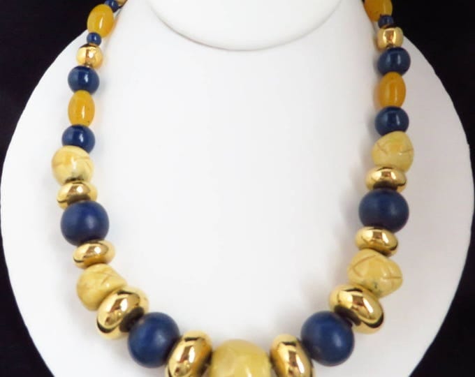 Multicolor Chunky Beaded Necklace, Vintage Blue, Cream, Gold Tone Tribal Necklace