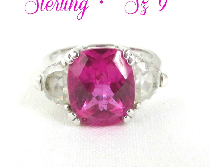 Pink Topaz Glass Ring, Vintage Sterling Silver Cocktail Ring, Size 9