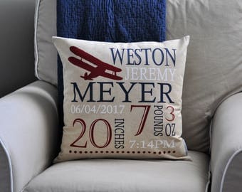 Personalized birth pillow cover, birth Announcement pillow cover, birth pillow cover, boy birth pillow, airplane nursery