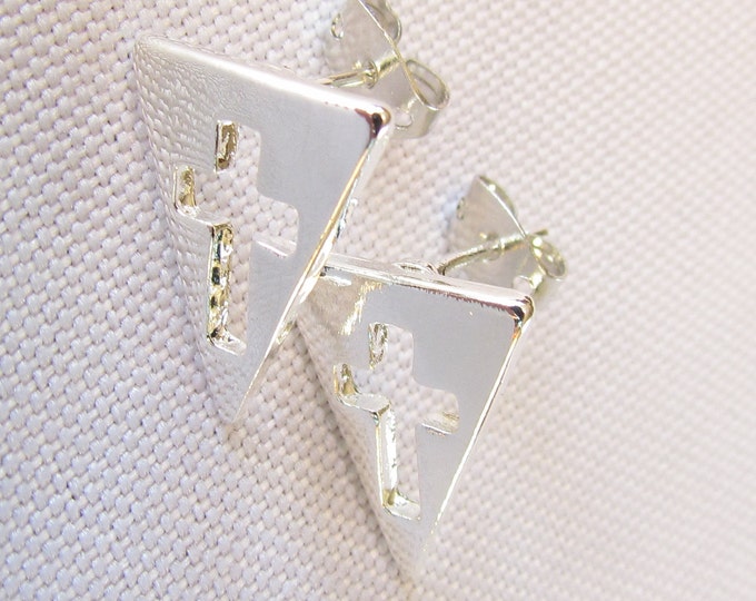 Tiny Silver or Gold Cross Earrings Cast Stud Triangle Modern Design Womans Girls Christian Jewelry - Saint Michaels Jewelry