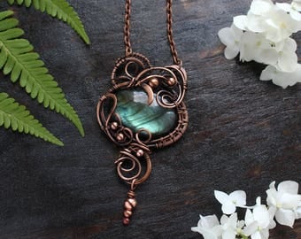 Unique jewelry Boho pendant Wife gift for her Wire wrap pendant Copper pendant Blue Labradorite pendant necklace Wire wrapped jewelry