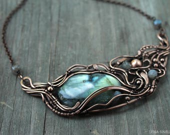 Labradorite pendant Copper Wirewrap necklace Big Handmade necklace Wire wrapped jewelry Gift for her Woman gift Bib Labradorite necklace
