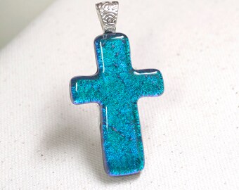 Blue Cross Necklace, Dichroic Glass Pendant, Symbolic Jewelry, Inspirational Gift for Her
