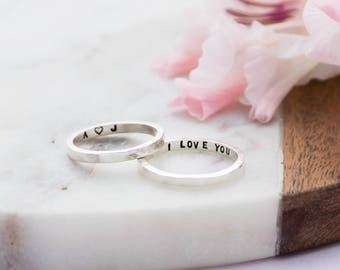 Skinny Sterling Silver Hammered Message Ring | Sterling Silver Handstamped Personalised Ring | Handmade Secret Message Sterling Silver Ring