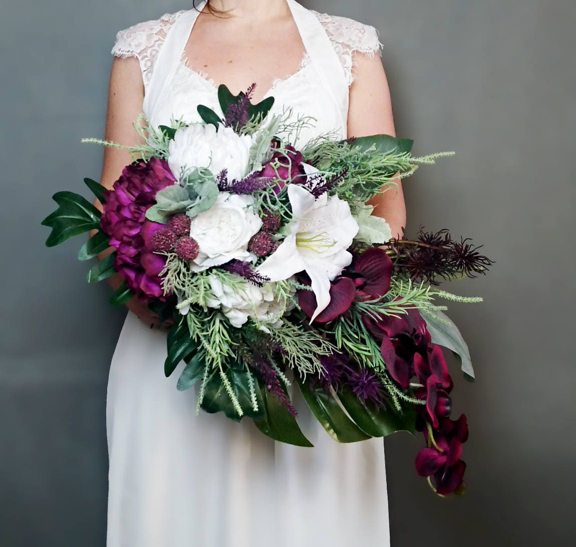 Plum Purple White Tropical Flowers Winter Wedding Bridal Bouquet Cascade Greenery Orchid Lily Rose Monstera Banana Leaf Grasses Big Original Plum Purple White Tropical Flowers Winter Wedding Bridal Bouquet Cascade Greenery Orchid Lily Rose Monstera Banana Leaf Grasses Big Original