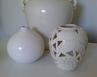 Trio of White Ceramic Vases. Lovely decor for all styles. 3 Sizes for an interesting placement.