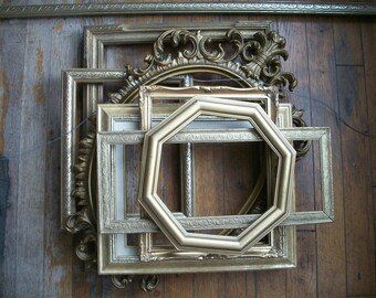 Gold Frame set, Gallery wall Antique Vintage Ornate collection of 8, Rustic Wedding home decor Photo Prop, Open picture frames, large frame