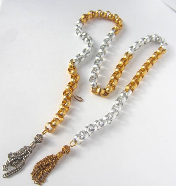 BELCHER bi-color (gold & silver tone) Tassel Necklace or belt ~40" lovely, vintage costume jewelry.