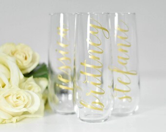 Bridesmaid Proposal Stemless Champagne Flute / Bridesmaid Gift / Bridesmaid Champagne Glass / Brushed Gold Silver Copper Flute
