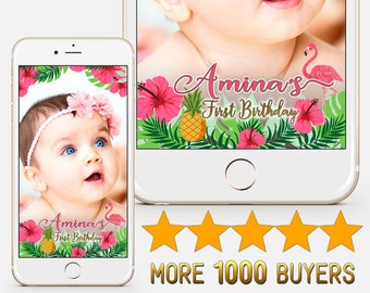 Happy Birthday Geofilter Hawaiian flowers Custom first birthday party Flamingo Baby shower Snapchat Pineapple Custom birthday geofilter S290