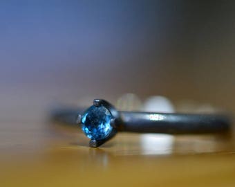 Tiny London Blue Topaz Ring, Engravable Gothic Oxidized Silver Band, Minimalist Promise Jewelry, Engraving, Dainty Gemstone