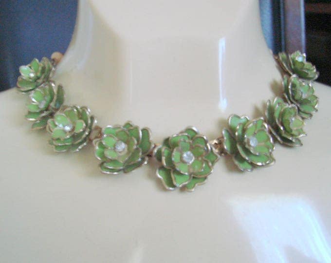 Mid Century Green Enamel Rhinestone Floral Choker Necklace / Gold Accents / 1950s Vintage Jewelry / Jewellery