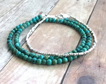 Genuine Turquoise Bracelet, Small Bead Bracelet, Sterling Silver Turquoise Jewelry, Blue Green Stone Double Wrap Bracelet