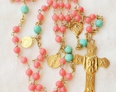 Rosary - Holy Face, Coral & Amazonite, Marie Madeleine and Saintes-Maries - 18K Gold Vermeil