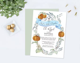 BAPTISM INVITATION TEMPLATE, Fall Pumpkin Boy Baptism Invitation Template pdf, Baptism Invitations, Printable Invitation Baptism diy Acrobat