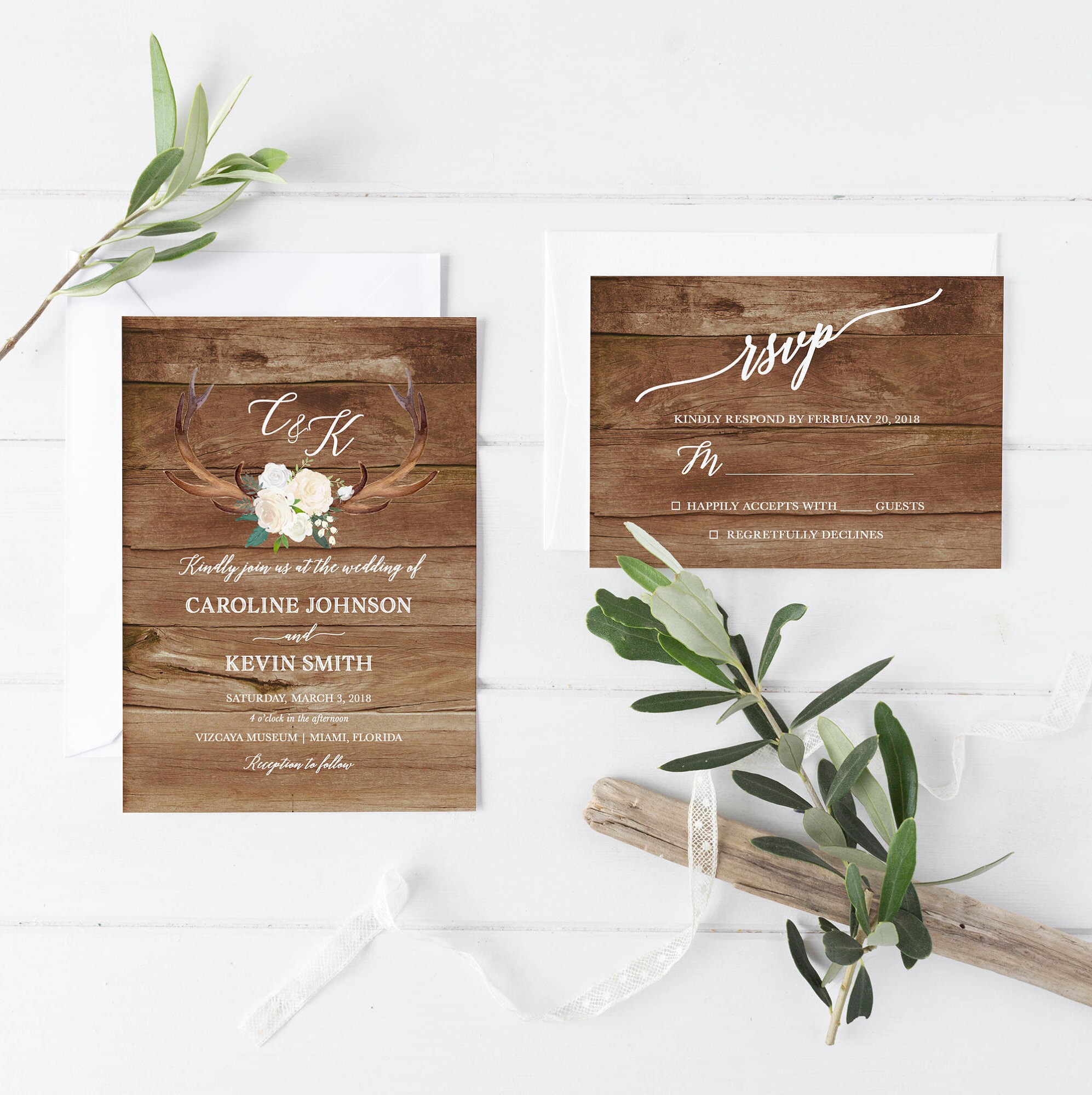 Rustic Wedding Invitation Antler White Floral Invite Printable Suite Rustic Wedding Invitation Antler White Floral Invite Printable Suite