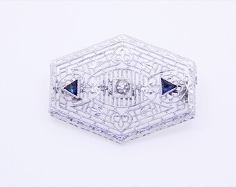 Antique Art Deco Filigree 10K White Gold Sapphire and Diamond Brooch