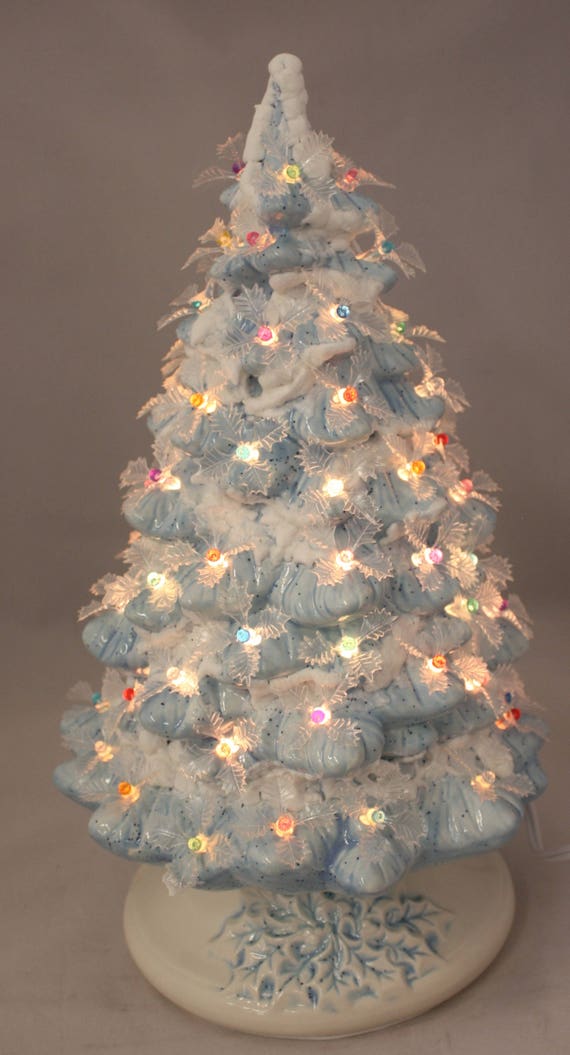 15.5 Lighted Blue Ceramic Christmas Tree with Snow and