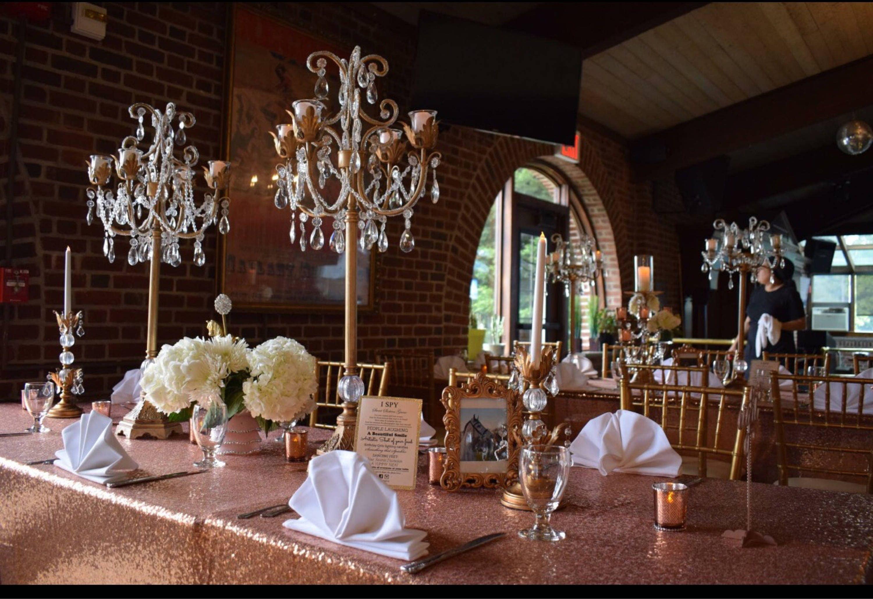 Rent gold crystal candelabras centerpieces wedding sweet 16