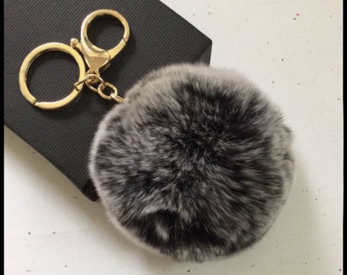 Fur Pompom Keychain-FurPomPom Bag Charm- PomPom Bag Pendant- Rabbit Fur-Leather-Fur Accessories-Fur Pompom
