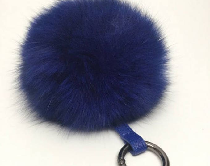 Royal Blue Fox Fur Pom Pom luxury bag pendant with leather strap Gun Metal buckle key ring chain bag charm