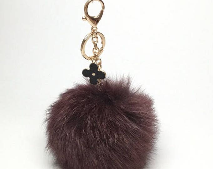 New! Chocolate fox fur Pompon bag charm pendant Fur Pom Pom keychain keyring with flower charm