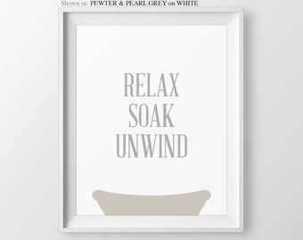 Relax Soak Unwind Bathroom Quote Relax Sign Navy Blue Bath Decor Blue Bathroom Wall Art Print Coral Bathroom Decor