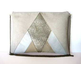Evening bag wedding shoulder bag in suede beige white and gold