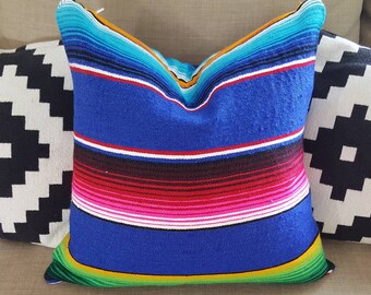 Handmade Blue and Multi Color Serape Pillow Covers 18"x18" Mexican Blanket Fabric with Zipper Closure