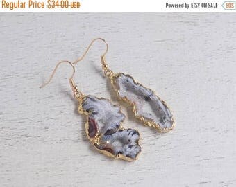 SUMMER SALE Geode Earrings, Natural Geode Earrings, Gray Druzy Earrings, Gemstone Earrings, Dangle Clip-on Earrings, Clip-ons, Gift for Her,