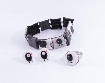 "Bird" parure: bracelet, ring and earrings