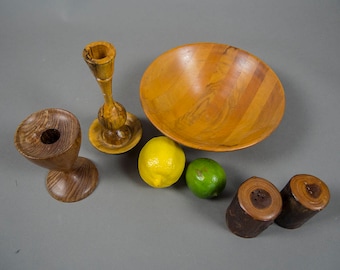 Handcrafted Wood Bowl and Candleholders, Arts and Crafts Organic Wood Grouping, Handcrafted Candleholders Bowl Salt and Pepper Shakers