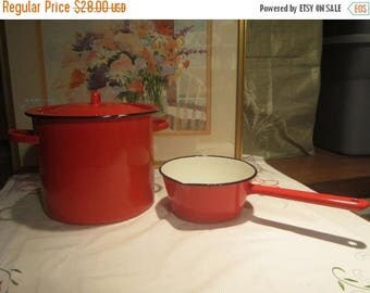 Red Enamelware Stock & Sauce Pan Set Vintage 1960's White Lining Black Trim Stovetop Cookware Pots Kitchen - JN023