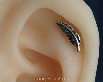 helix piercing cartilage earring cartilage piercing helix earring feather 16g silver boho bohemian jewelry 16g labret stud ~2E20S