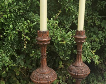 Victorian Gothic candlesticks, pair carved wooden candlesticks, ecclesiastical carved candle holders, 1878 treen candlesticks