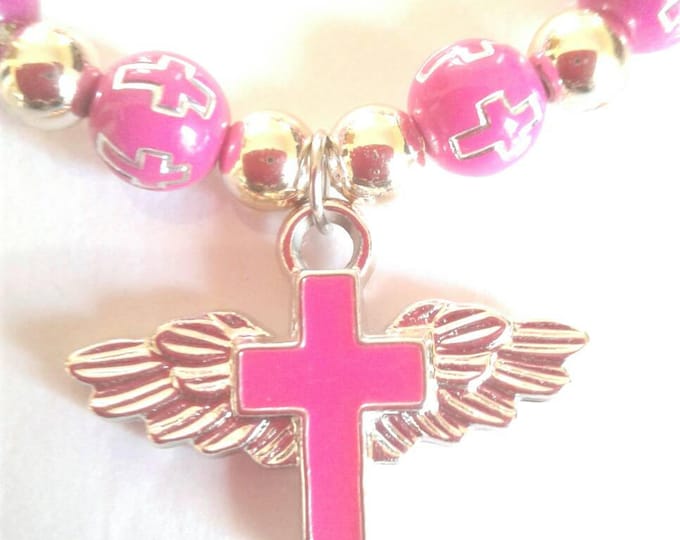 Pink Beaded Gold Cross Bracelet, Statement Piece, Gift for Women, Pink and Gold, Classic Style, Crucifix Bracelet, BeadWork, Gift for Girls.