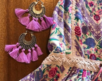 Lilac purple and silver tassle boho earrings