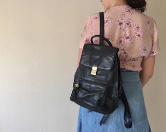 90s Black Leather Backpack - Vintage Mini Backpack - Hipster Backpack Purse - Black Small Rucksack - School Backpack - Grunge Backpack