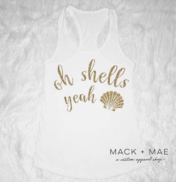 Oh Shells Yeah Sparkly Glitter Gold Tank Top Summer Time