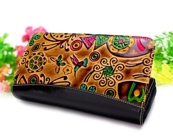 Wallet women, zipper wallet, clutch wallet, leather womens wallets embossed and handpainted with birds butterflys and flowers D